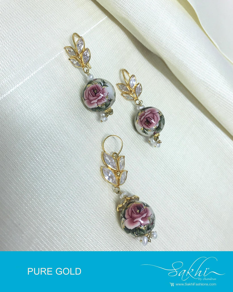 AGDP-20595 - Gold & Pink Pure Gold Earring & Pendant