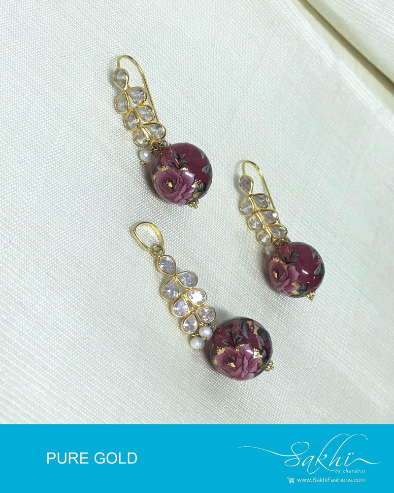 AGDP-20598 - Gold & Pink Pure Gold Pendant & Earrings