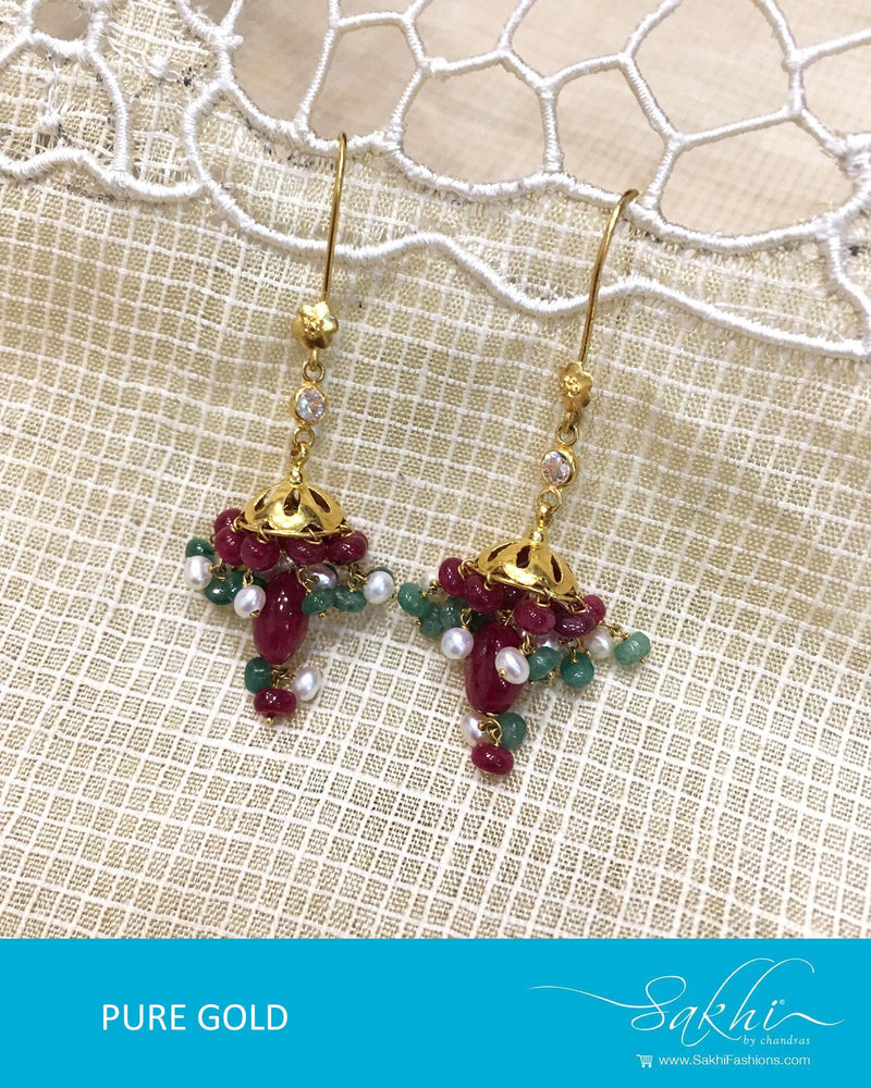 AGDQ-7589 - Maroon & Multi Pure Gold Earrings