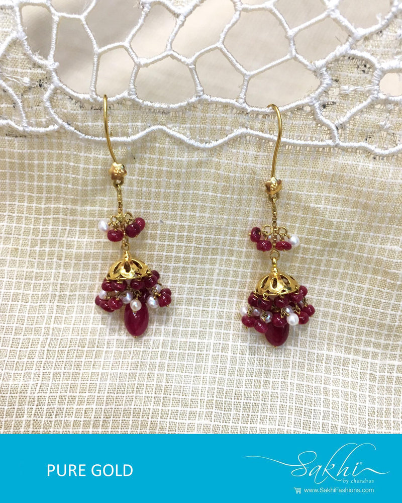 AGDQ-7591 - Maroon & White Pure Gold Earrings