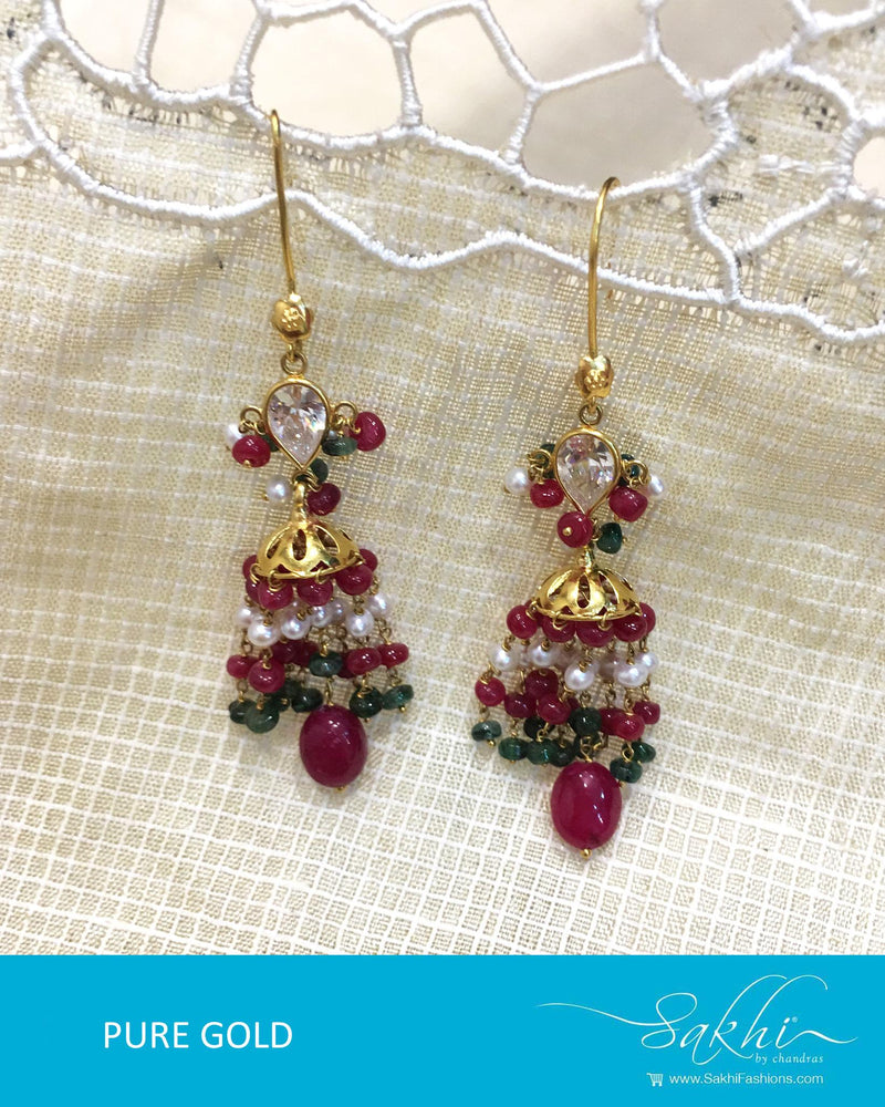 AGDQ-7596 - Maroon & Multi Pure Gold Earrings