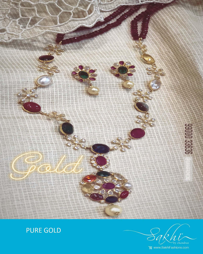 AGDR-20757 - Multi &  Gold Navrrarathna Necklace and Earring
