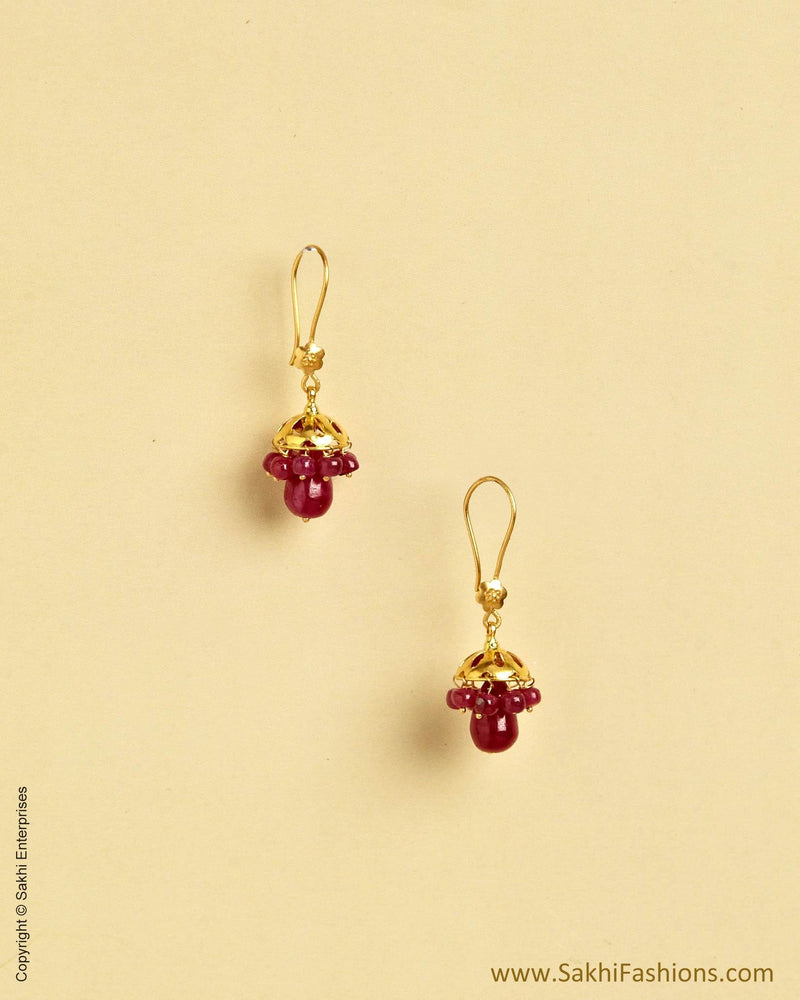 AGMSO-10359 - Yellow Gold & Red Pure Gold Hook Earring