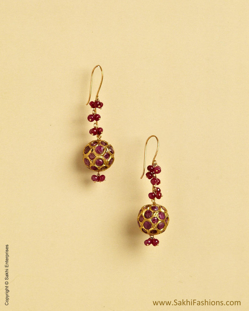 AGMSO-10367 - Yellow Gold & Ruby Pure Gold Hook Earring