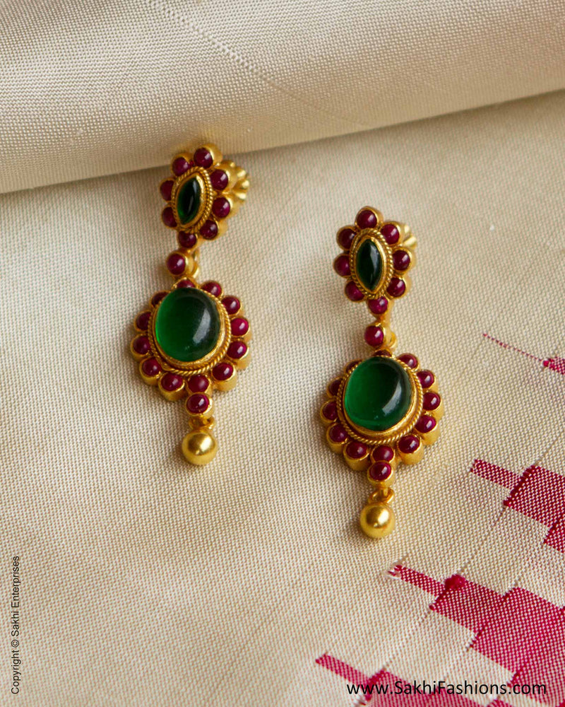 AGN-26647 Ruby Red & Emerald Green & Gold Silver Floral Earring