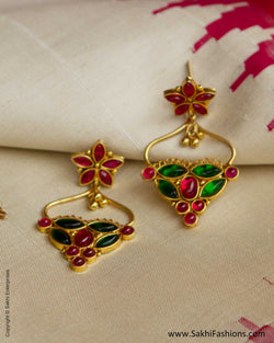 Ruby Red & Emerald Green & Gold Silver Floral Earring