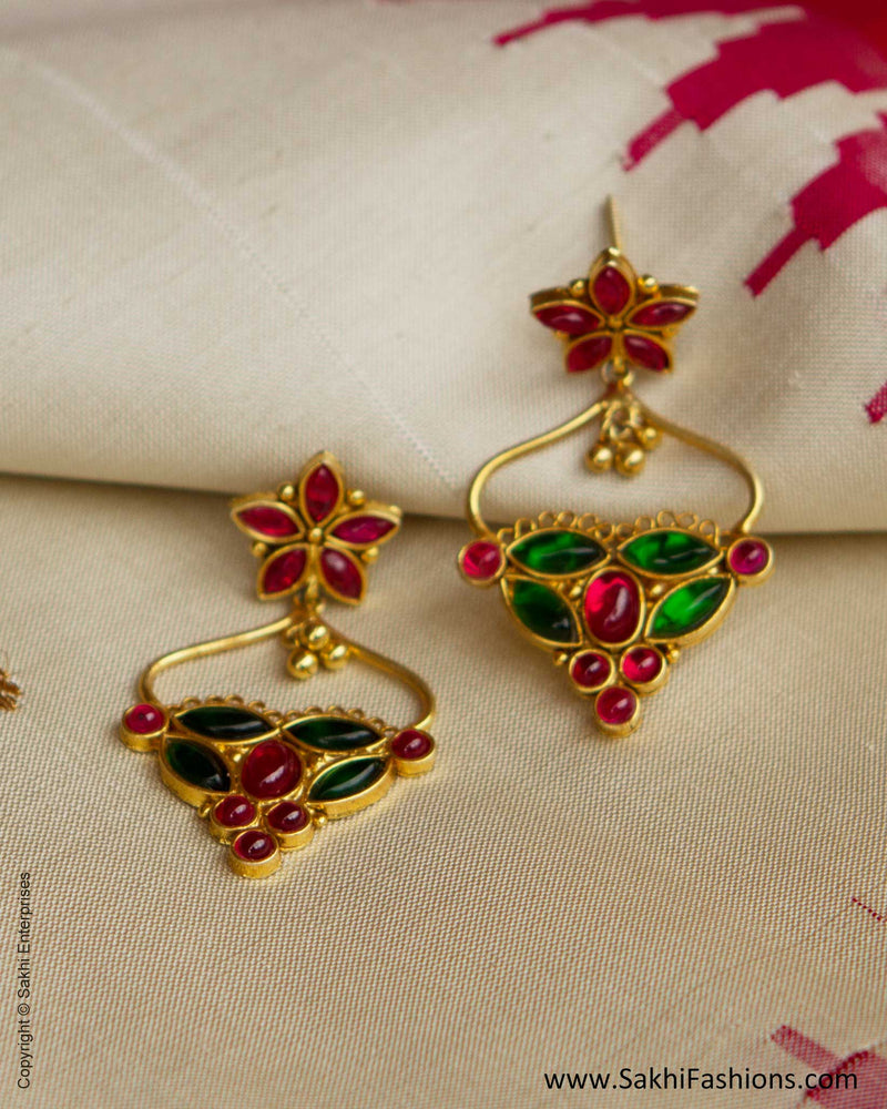 Ruby Red & Emerald Green & Gold Silver Floral Earring