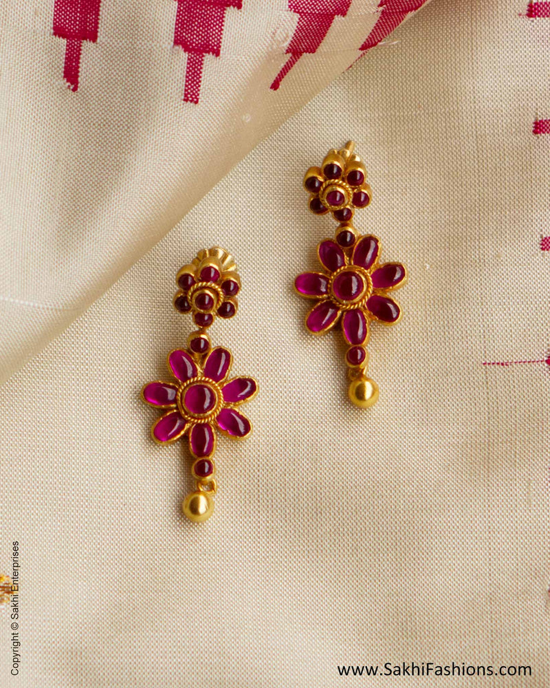 Ruby Red & Gold Silver Floral Earring