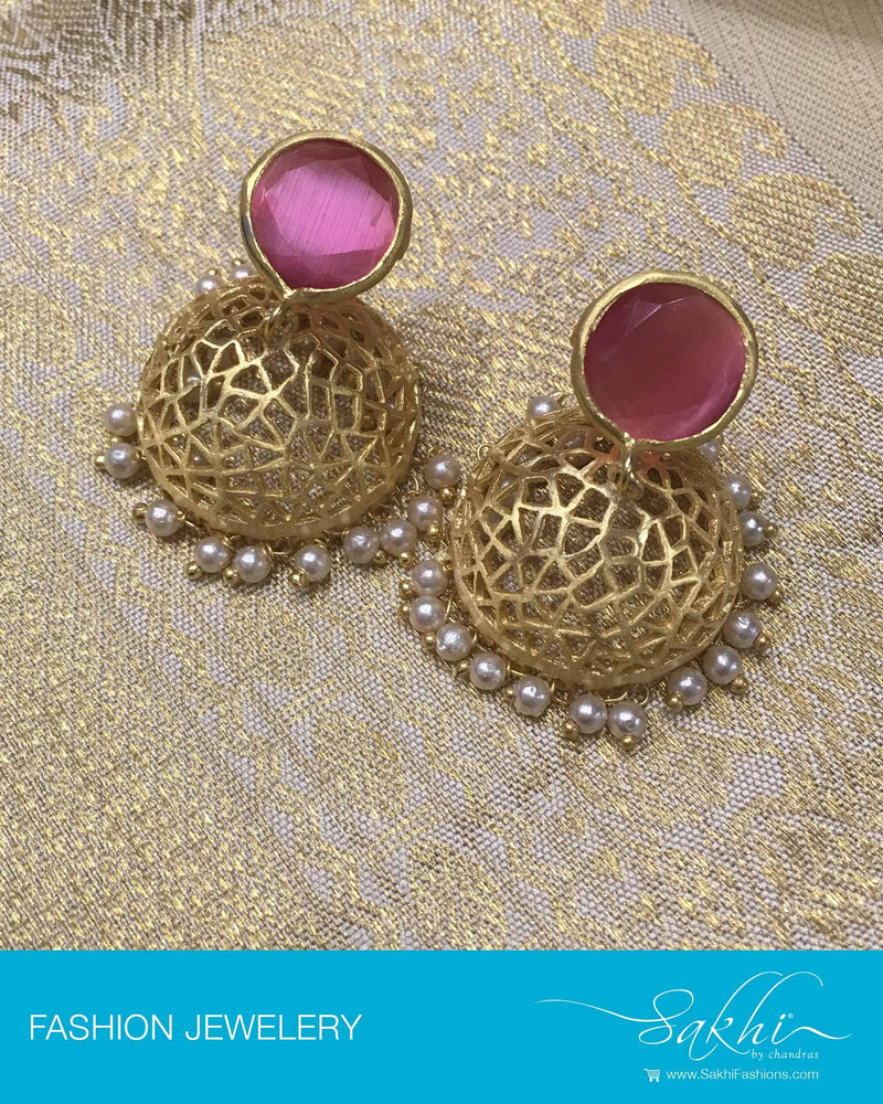 AJDP-7295 - Gold & Pink Mix Metal Jhumka