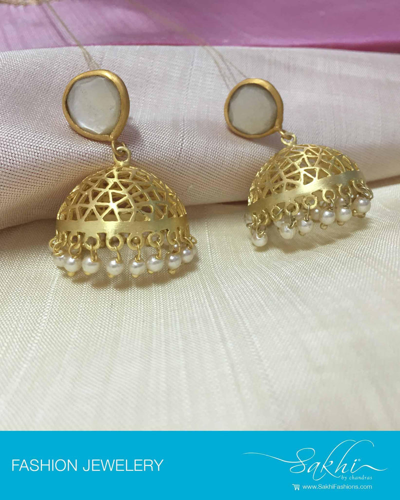 AJDP-7563 - Gold & White Mix Metal Jhumka