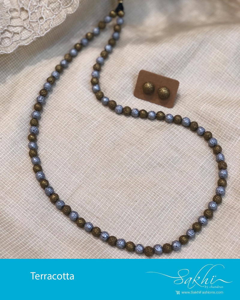 AJDR-21620 - Silver & Gold Terracota Mala & Earring