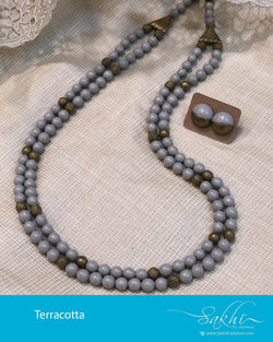 AJDR-21626 - Silver & Gold Terracota Mala & Earring