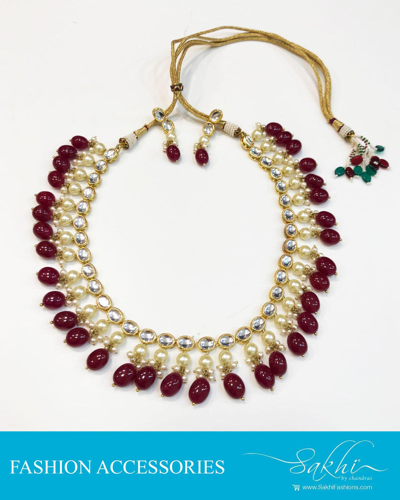 AJDR-27976 - Cream & Pink Mix metal Mala & Earring
