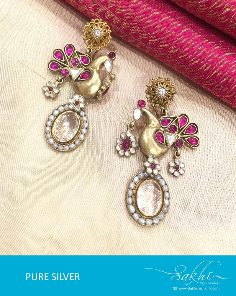 ASBG16-319 - White & Pink Silver & Gold Earrings