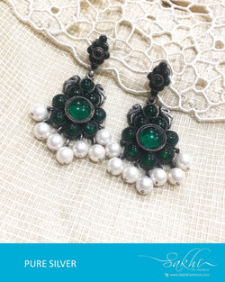 ASDQ-0001 - Green & Antique Pure Silver Earrings