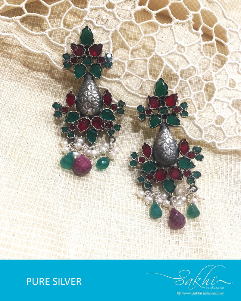 ASDQ-0012 - Red & Green Pure Silver Earrings