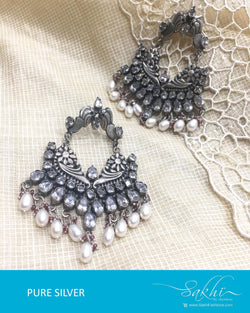 ASDQ-0055 - White & Antique Pure Silver Earrings