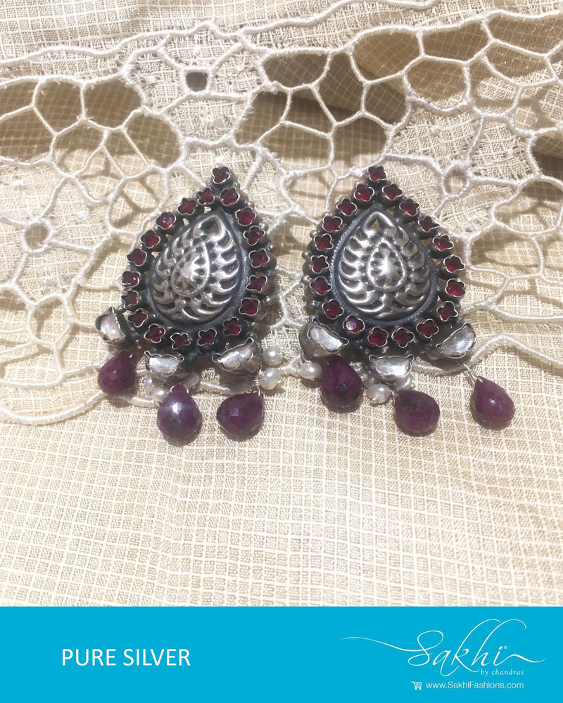 ASDQ-0075 - Antique & Red Pure Silver Earrings