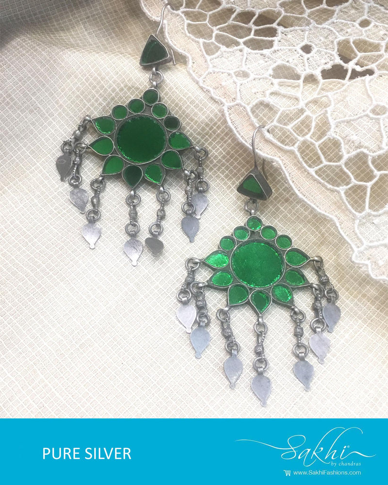 ASDQ-0080 - Antique & Green Pure Silver Earrings