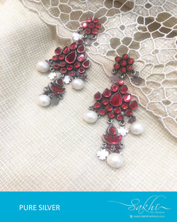 ASDQ-0083 - Red & White Pure Silver Earrings