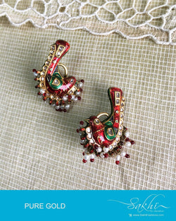 ASDQ-15255 - Gold & Red Pure Silver Bird Earrings