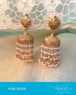 ASDQ-17319 - Gold & White Pure Silver Jhumka