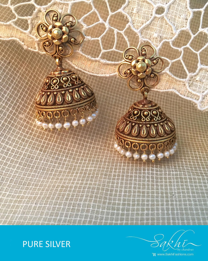 ASDQ-17328 - Gold & White Pure Silver Jhumka