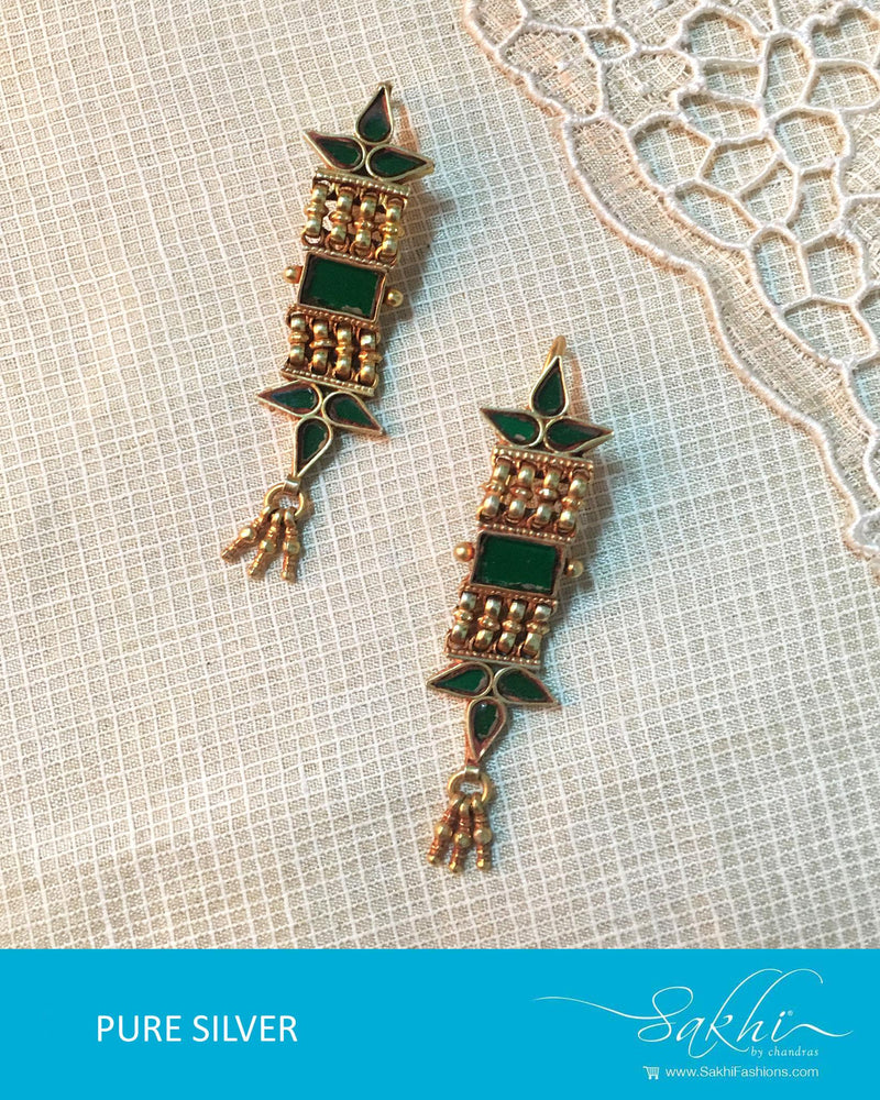 ASDQ-17338 - Green & Gold Pure Silver Earrings