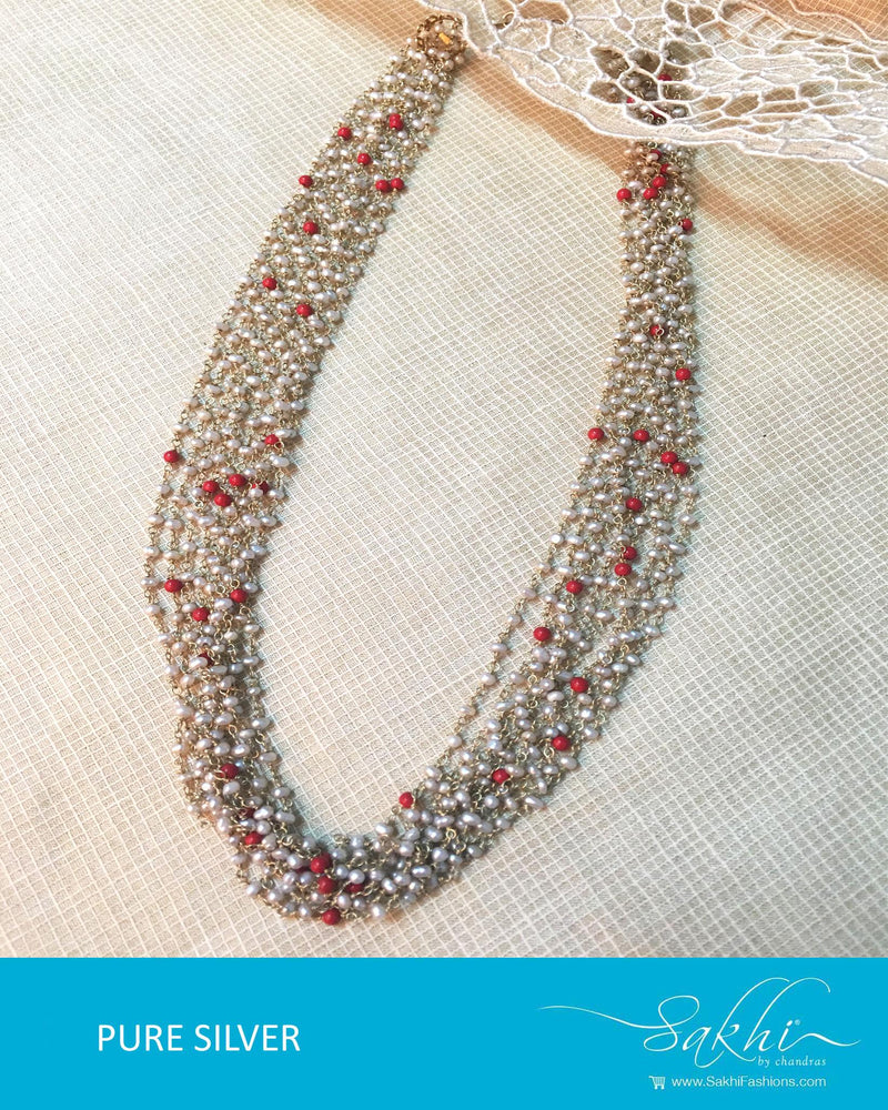 ASDQ-17370 - Pearl & Red Pure Silver Necklace