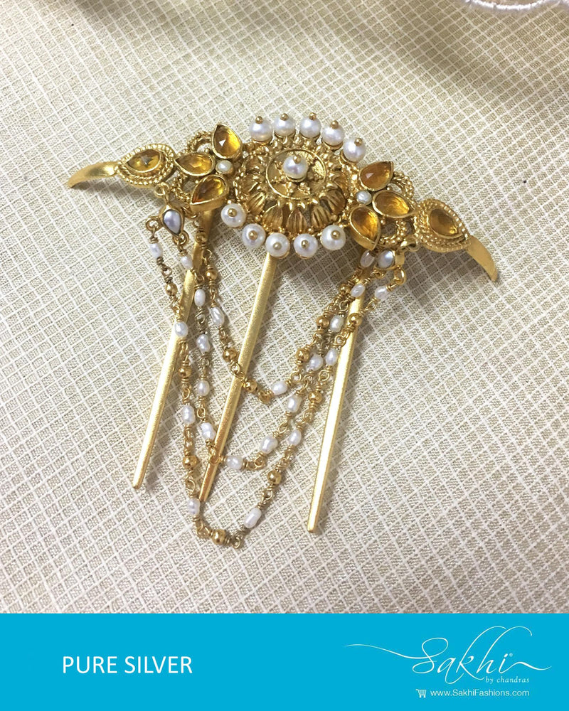 ASDQ-17372 - Gold & White Pure Silver Hair Pin