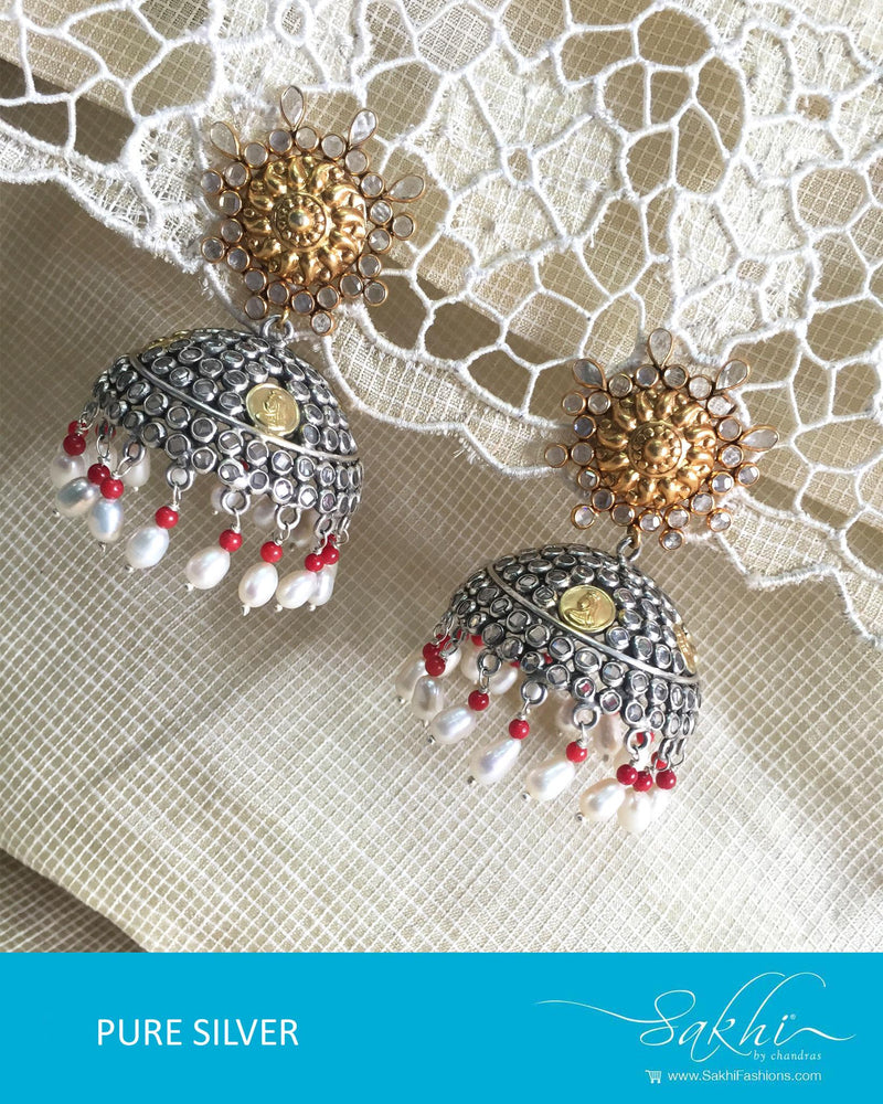 ASDQ-18080 - Silver & Gold Pure Silver Jhumka