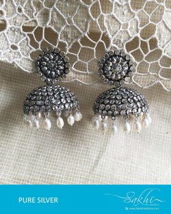 ASDQ-18125 - White & Silver Pure Silver Jhumka