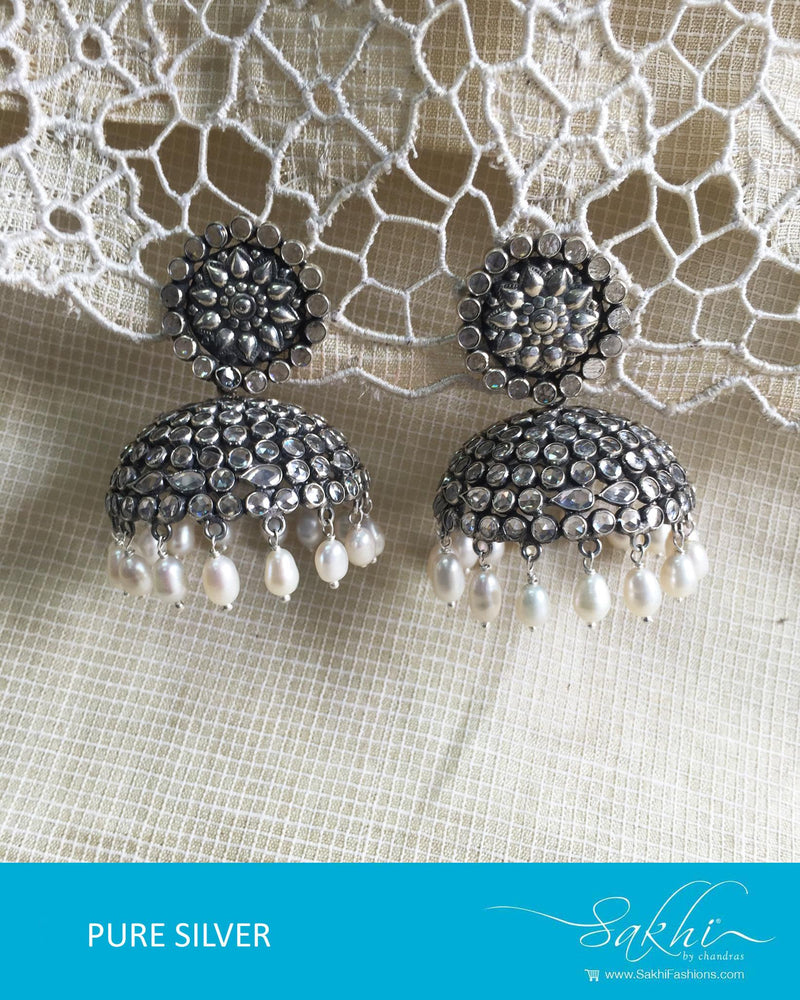 ASDQ-18125 - White & Silver Pure Silver Jhumka