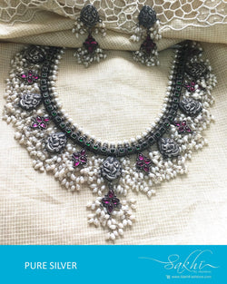 ASDQ-8665 - Silver & Pink Pure Antique Silver Guttapusalu Mala