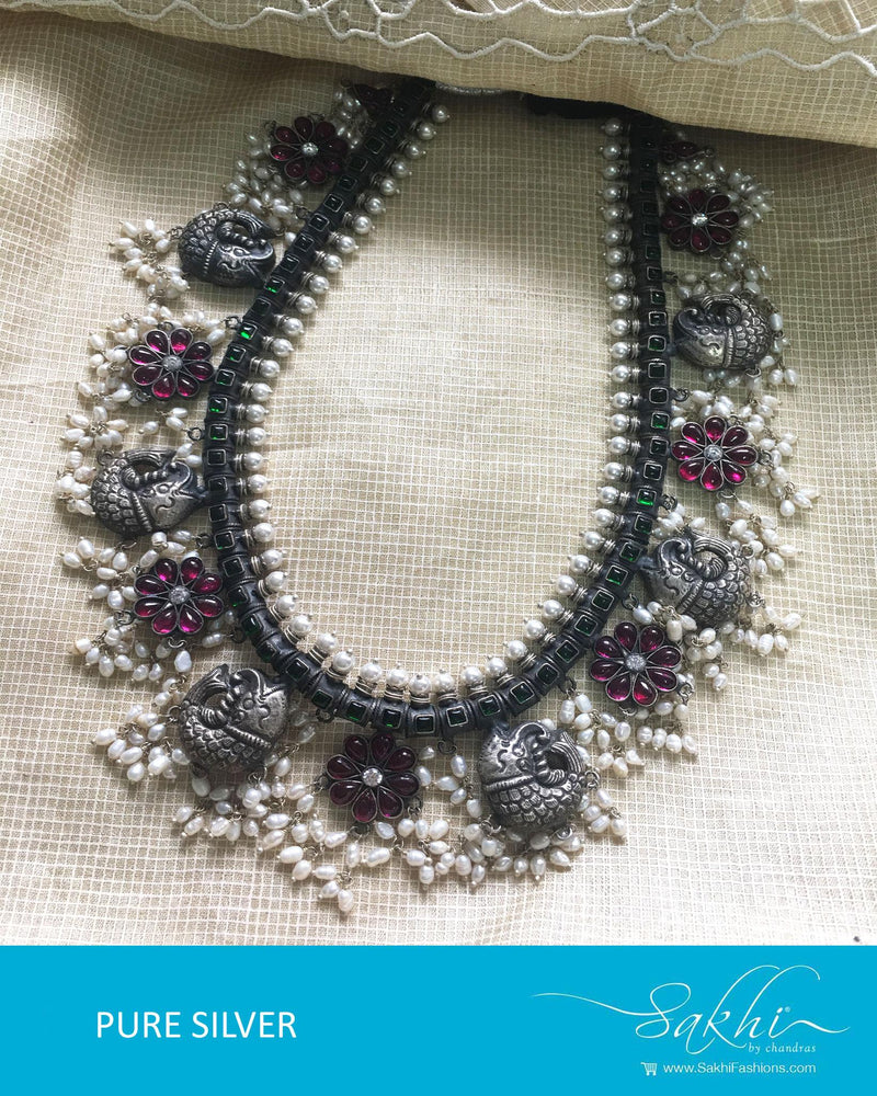 ASDQ-8667 - Silver & White Pure Antique Silver Guttapusalu Mala
