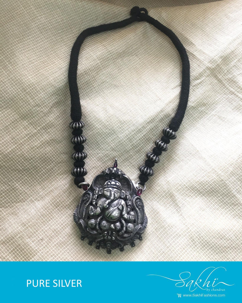 ASDQ-8679 - Silver & Black Pure Antique Silver Mala