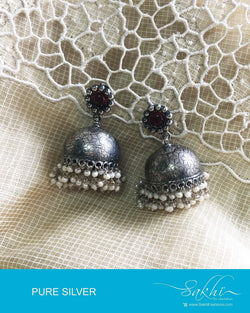ASDQ-8684 - Silver & White Pure Antique Silver Earrings