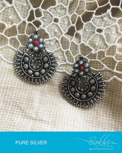 ASDQ-8692 - Silver & Red Pure Antique Silver Earrings