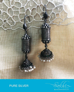 ASDQ-8694 - Silver & White Pure Antique Silver Earrings