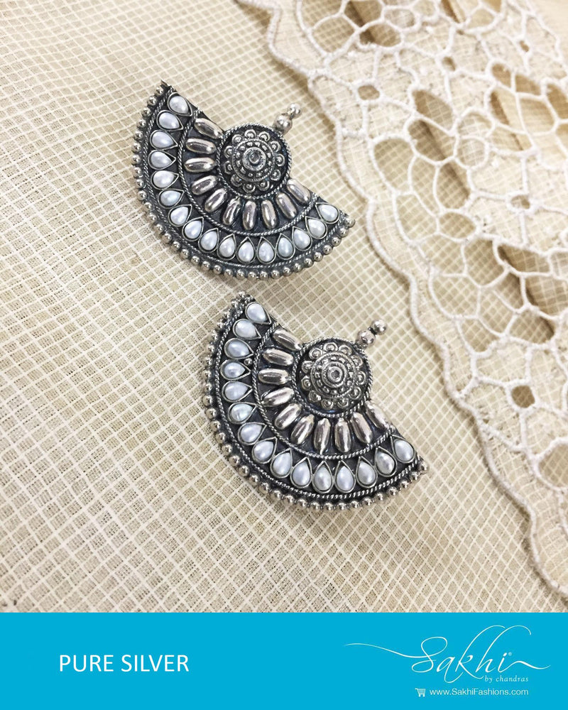 ASDR-1624 - Silver & Cream Pure Anitque Silver Earrings