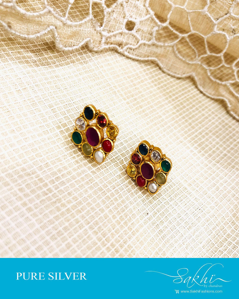 ASDS-16755 - Silver & Multi Pure Silver  Navarathna Studs