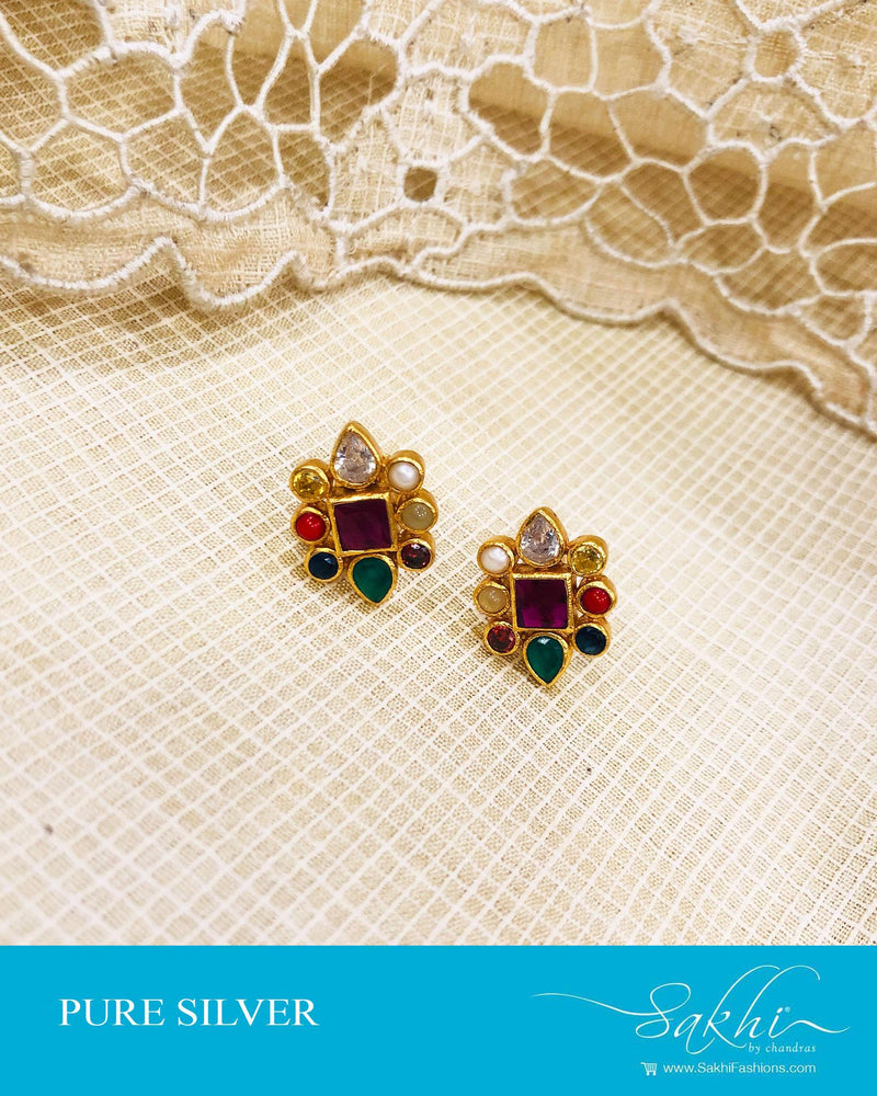 ASDS-16756 - Silver & Multi Pure Silver  Navarathna Studs