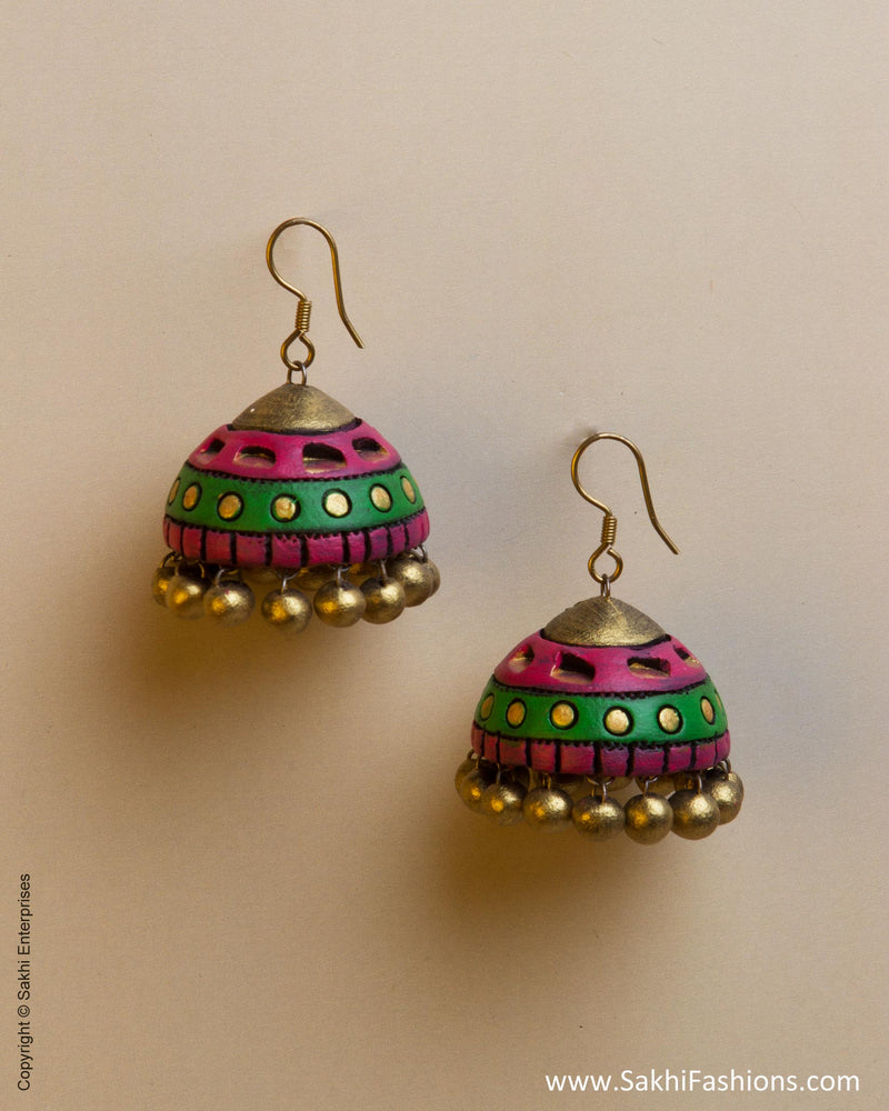AT-0038 Pink Green Terracotta Jhumka