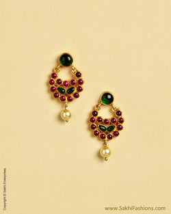 AXMSO-10821 - Red & Green Silver & Gold Stud Bali With Pearl