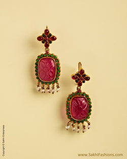 AXMSO-10823 - Pink & Green Silver & Gold Hook Style Hanging Earring