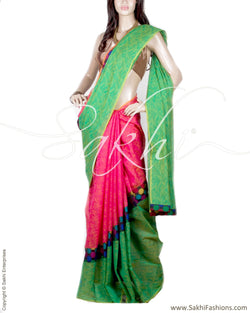 BGN-14216 - Pink & Green Pure Cotton Saree