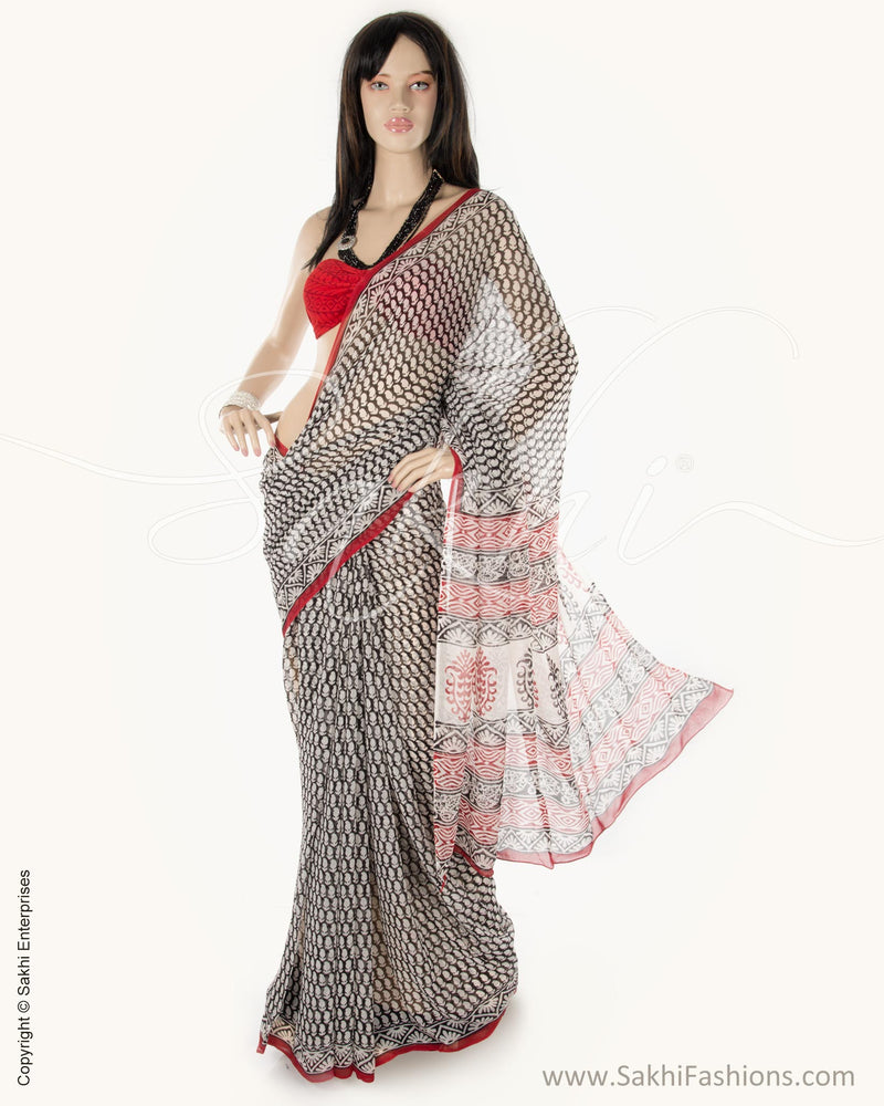 BGN-AB1 White & Black Faux Georgette Saree
