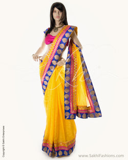 BGN-AC4 Yellow & Blue Faux Net Saree