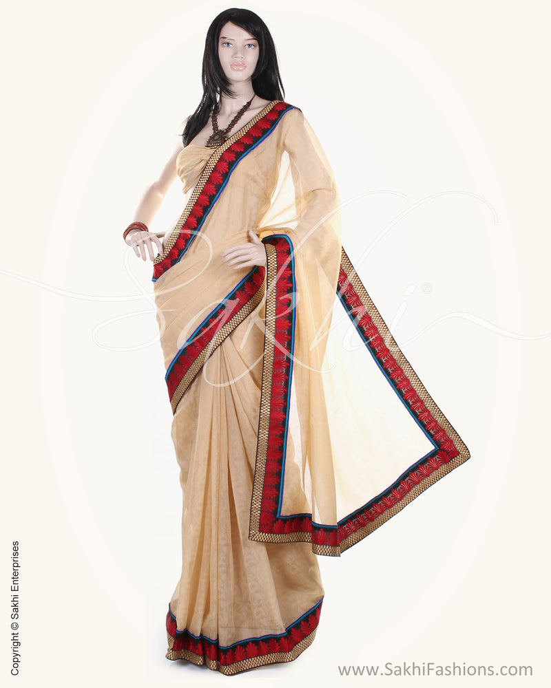 BGN-AC5 Beige & Multi Faux Net Saree