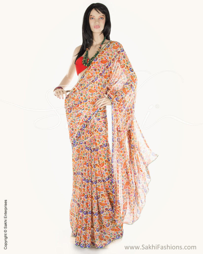 BGN-CA0 White & Red Faux Georgette Saree